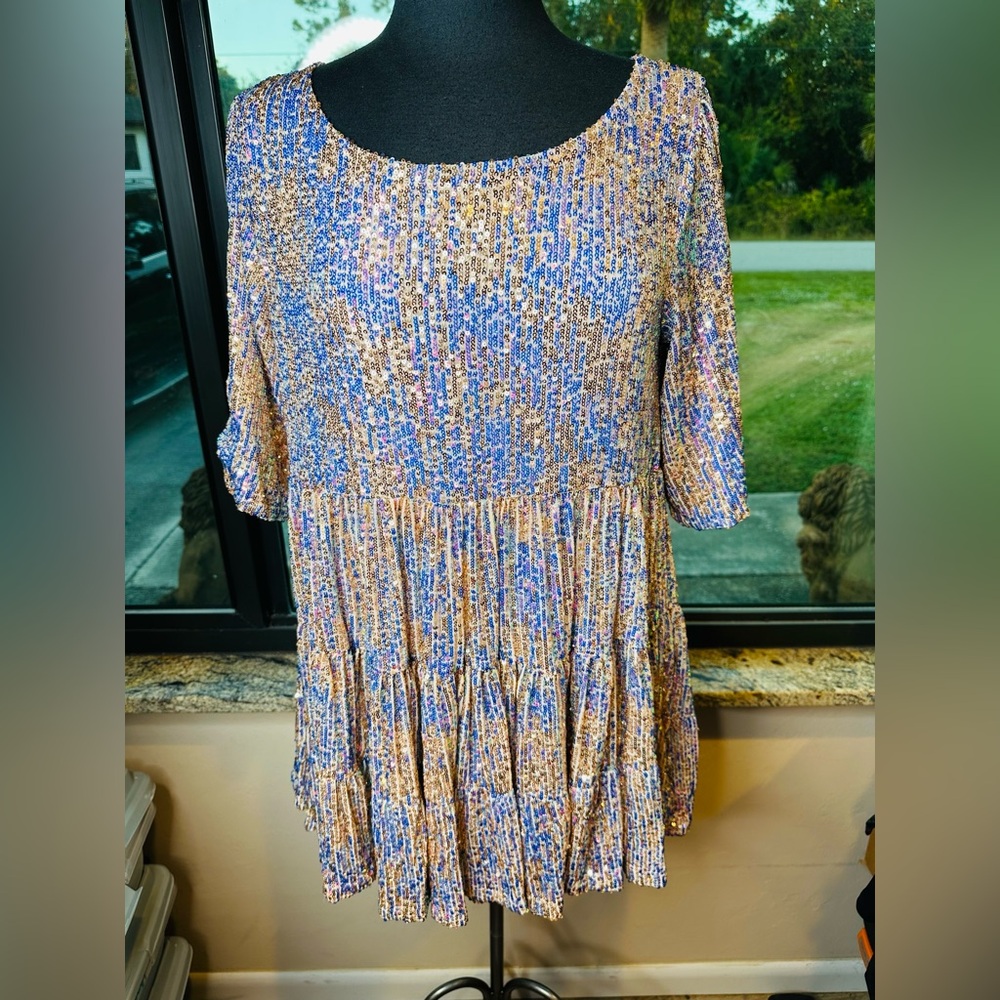 Amazing Lace Sequin Boxy Multicolored Babydoll Concert Party Mini Dress Medium
